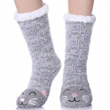LANLEO Fuzzy Slipper Socks For Women With Grippers Winter Warm Thick Pl 11ush Fleece Lining Non Slip Animal Home Socks,OneSize,Cat - 貓 - 查看 1