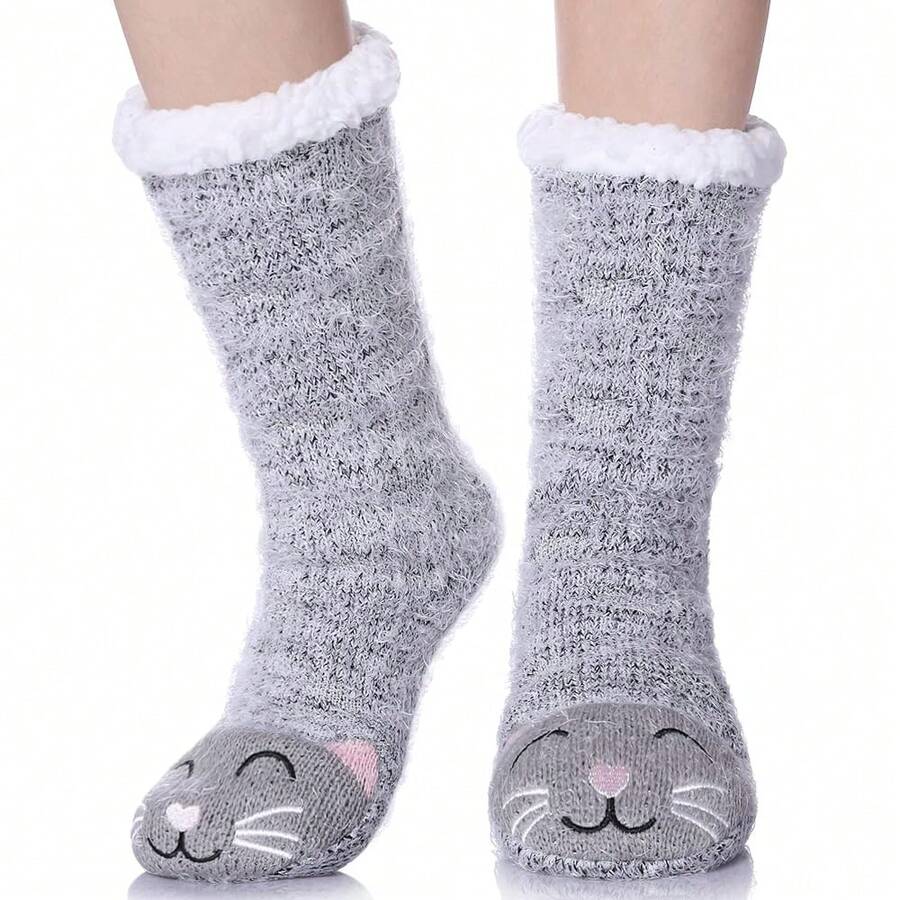 LANLEO Fuzzy Slipper Socks For Women With Grippers Winter Warm Thick Pl 11ush Fleece Lining Non Slip Animal Home Socks,OneSize,Cat - Con mèo - Xem 1