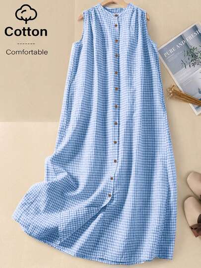 Women's Spring/Summer Sleeveless Plaid Cotton Casual Dress, Button Front Loose Fit Sundress, Country/Boho Style, Vacation Outfit, Business Casual