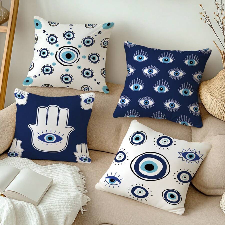 MEMNUN 4 Stücke mysteriöse marineblau bedruckte Kissenbezüge mit Augen- und Hamsa-Hand-Motiv (Kissenfüllung nicht enthalten), aus Pfirsich-Samt-Stoff, einseitig Muster, Größen: 45*45cm/50*50cm/40*40cm, Böser Blick dekorativer Kissenbezug für Sofa, Bett, Schlafzimmer, Büro, Hotel, ganzjährig, Geschenk - Verschiedenfarbig - Übersicht 1