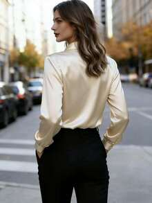 Women's Silky Blue Button Down Long Sleeve Shirt Collar Blouse Elegant Polyester Top With Regular Fit Spring - Apricot - View 4