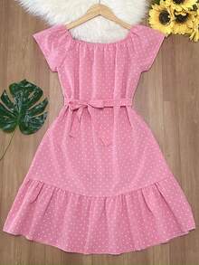 Floral Polka Dot Print With Belt And Ruffled Hem. Beachwear, Women's Fashion. - 粉色 - 查看 1