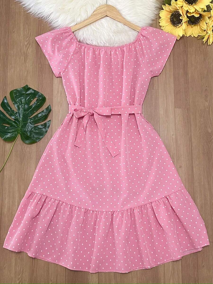 Floral Polka Dot Print With Belt And Ruffled Hem. Beachwear, Women's Fashion. - 粉色 - 查看 1