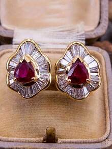 一对欧美风格红宝石水滴耳环，铜质，防过敏，不褪色，女士派对宴会首饰，适合作为礼物送给爱人或母亲。 - 金色-紅寶石 - 查看 1