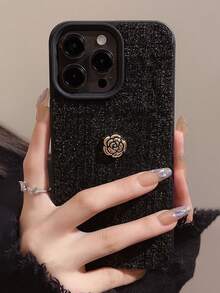 Black Lace Phone Case With Camellia Flower Pattern, Shiny Metal Finish, Anti-Drop Design, Fashionable & Versatile, Compatible With Apple 13/11/12/13/14/15/16/17, 16 Pro Max, 15 Pro Max/14 Pro Max/13 Pro Max/12 Pro Max Series,International Version, Not The Domestic Version - Black - View 3