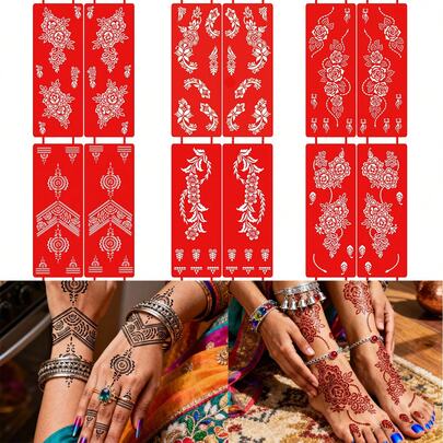 Hana Hand-Drawn Hollow Floral Tattoo Stencil - Sexy Floral Pattern, Suitable For Hands, DIY Painting, Ink, Reusable Mandala Design Template Stickers, Suitable For Women Body Party Makeup