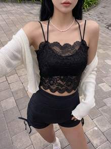 Rikumo Camiseta corta de mujer con ajuste ceñido y encaje, de moda para el invierno - Negro - Ver 1