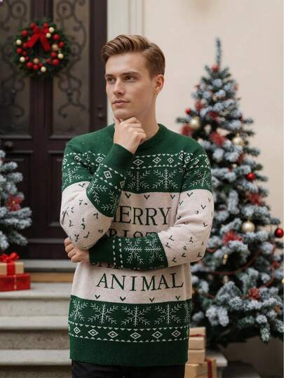 CZRLHYT Men's Casual Everyday Christmas Letter Graphic Color Block Knit Sweater, Autumn/Winter