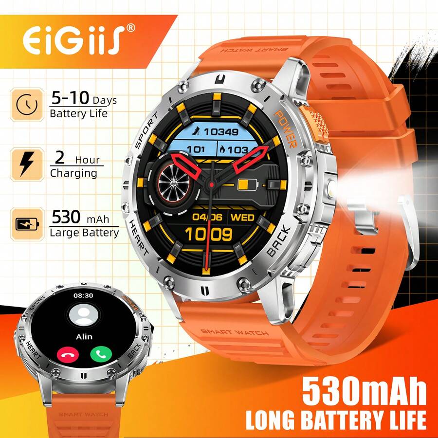 EIGIIS Smart Watch With Bluetooth Calling, 530mAh Battery, 100+ Sport Modes, LED Flashlight, Custom Watch Faces For IOS Android, Fitness Tracker For Men Women - 矽膠錶帶-橙色-B - 查看 1