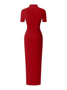 Gaun Maxi Bodycon EARO Wanita Warna Polos Lengan Pendek Kerah Tegak dengan Belahan Tinggi dan Lipatan untuk Musim Semi/Panas, Gaun Pesta - Merah - View 3