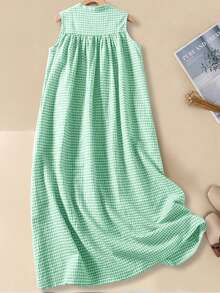 Women's Spring/Summer Sleeveless Plaid Casual Dress, Button Front Loose Fit Sundress, Country/Boho Style, Vacation Outfit, Business Casual Elegant - Green - View 2