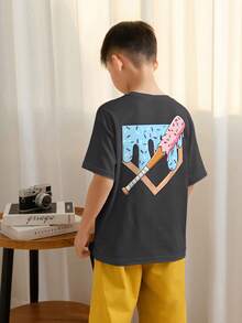 男童休闲印花圆领短袖T恤，夏季上衣 - 深灰色 - 查看 2