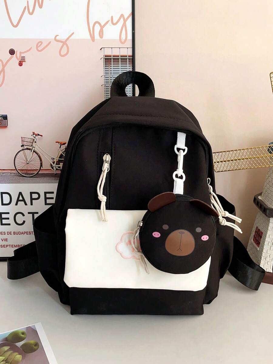 2pcs Kids' Bear Print Polyester Large Capacity Backpack With Small Pouch, Suitable For Everyday Use In Autumn/Winter - Black and White - View 1