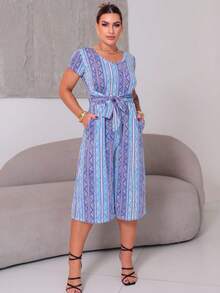 Women's Loose-Fitting Pantacourt Jumpsuit With Print For Summer - 霧霾藍 - 查看 1