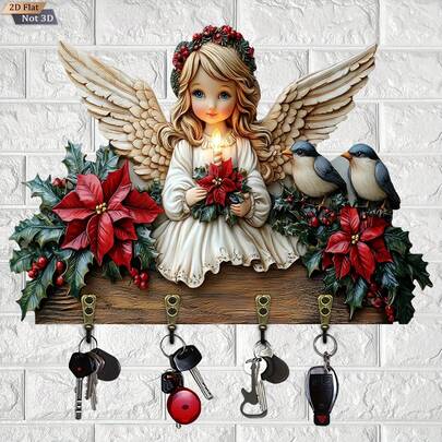 2D Design Angel Bird Wooden Multi-Function Key Holder With Four Metal Hooks For Wall Mounting, A Beautiful Entryway And Porch Decor Piece, Versatile Wall Accent For Living Rooms, Hallways, And Villas, Natural Wood Finish With Subtle Grain, Handcrafted Quality, Ideal For Organizing Keys, Mail, Small Accessories, And Everyday Essentials, Complements Rustic Farmhouse, Scandinavian, And Contemporary Interiors, Perfect For Front Door Linen, Small Decor Items, And Seasonal Styling, Fits 11 Holiday Seasons Decoration, Christmas, Ready To Hang, Lightweight, Enhances Space With Charming Angel Bird Motif, Subtle Vintage Vibe, Practical Yet Decorative Wall Mount Organizer, 2D Design Influence For-Conscious Home Styling