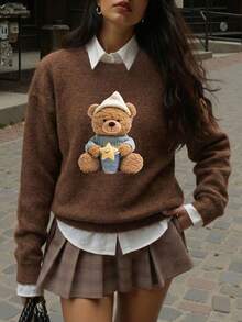 Women's Cartoon Bear Graphic White Hat, Blue Sweater With Star Cup Pattern, Casual Warm Faux Wool Pullover, Suitable For Autumn/Winter, Autumn Outfit, Warm Clothing, Winter Outfit, Jacket, Party Outfit, Holiday Outfit, Elegant Party, Cozy Home Party, Autumn Wear, Warm Clothing, Cold Weather Outfit, Outerwear Top, Graphic Tee - Dark Ochre - View 5