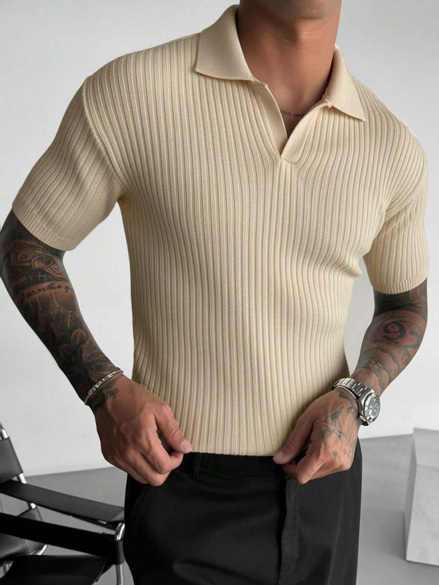Men's Short Sleeve Knit Sweater, Casual Striped Polo Collar Pullover Knitwear Top, Spring/Autumn - Apricot - View 1