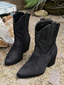 Chunky Heel Denim Mid-Calf Boots - Embroidered Pattern Boots For Retro Outfits  Western    Grommet Eyelet    Holiday - màu đen - Xem 5