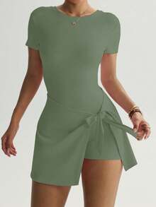 Rochie sport pentru femei, la modă, în aer liber, pentru yoga, alergare, pilates, naveta, întâlnire, plajă, esențială zilnică, elastică, sexy, confortabilă, casual, cu mânecă scurtă, fără spate, control al abdomenului, ridicare, modelare a taliei strâmte, vigoroasă, tinerească - Verde - Vizualizare 5