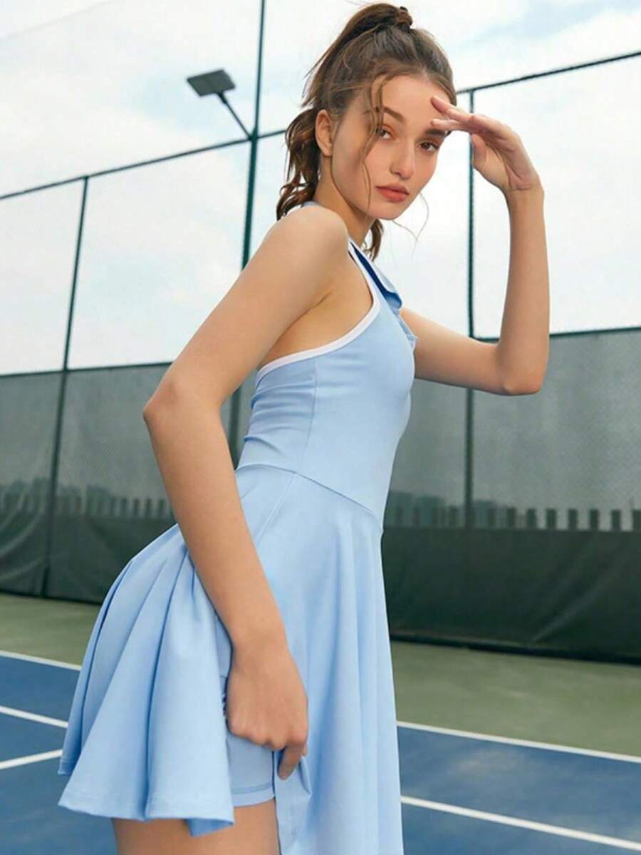 Neck Sports Dress Polo Neck Tennis Volleyball Dress Sexy Backless Anti-Slip Fitness One-Piece Dress With Chest Pad New Year, Spring Festival, Independence Day, Birthdays, Parties, Gifts, Christmas, Halloween - Màu xanh lam - Xem 1