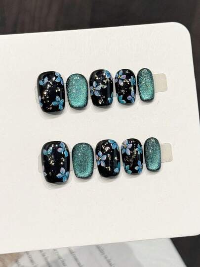 10pcs Handmade Nails Square Nails Acrylic Press On Nails Short, Minimalism Black Nails, Flashy Blue Cateye, Irrgular Glitter Handpainted Simple Flower, Edgy Elegant Simple Winter Nails, Fall Press On Nails, Winter Fake Nails, Valentine's Day Nails, Party Daily & Dating Use Beach Tropical Getaway Suitable,DIY False Nail Art Suitable For Women & Girls As Gift Nail Supplies