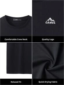 CAMEL CROWN 男士短袖T恤，休闲纯色圆领上衣，夏季 - 黑色 - 查看 6