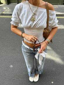 时尚优雅休闲不对称露肩荷叶边针织上衣 - 白色 - 查看 1