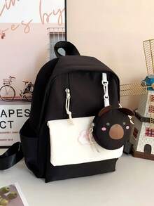 2pcs Kids' Bear Print Polyester Large Capacity Backpack With Small Pouch, Suitable For Everyday Use In Autumn/Winter - Black and White - View 4