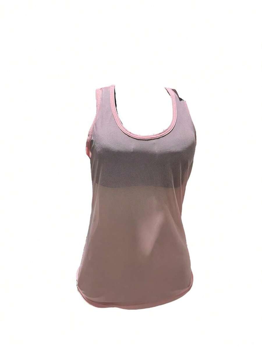 Women's Transparent Tulle Tank Top, Gym Clothes, Fitness Fashion - 杏色 - 查看 1