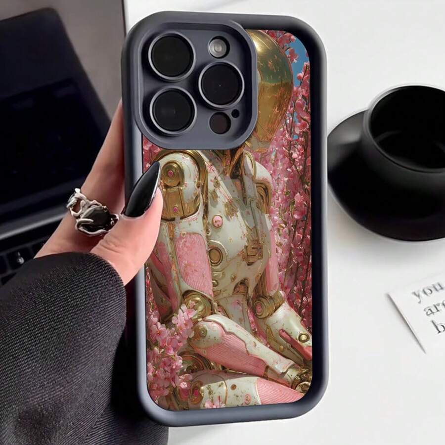 Cubierta de teléfono con diseño de robot vintage rosa y flores de cerezo para iPhone 14 Pro Max negro elegante estilo artístico para uso diario y regalo - Burdeos - Ver 1