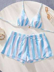 3pcs Women Swimsuit Bikini Set, Retro Light Blue & White Striped Beach Shorts/Cover Up/Holiday Outfit - Blue and White - View 9