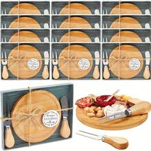 12 Sets Round Cheese Board And Knife Sets, Wooden Mini Cheese Boards With Gift Boxes, Perfect For Weddings, Housewarmings, Birthdays, Baby Showers, And Holiday Party Gifts (Brown And Khaki) - Multicolor - View 12