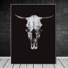 1 pieza Impresión de arte en lienzo con cráneo de toro vintage sin marco, póster de cráneo de animal en negro y gris, arte de pared sin marco para decoración de la sala de estar