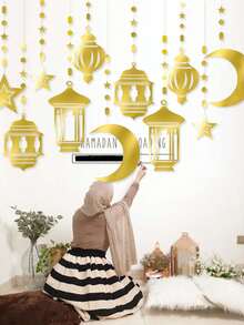 金色斋月星月派对装饰花环 - 6 件装闪亮小星星悬挂装饰彩带漩涡灯笼，开斋节生日婚礼派对横幅装饰 - 金色 - 查看 2