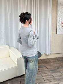 2026 New Arrival Women's Contrast Color 2 In 1 Long Sleeve T-Shirt, Slim Fit, Design, Spring - Grey - View 3