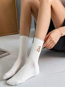 5 pares de calcetines bordados con osos de peluche lindos, unisex - de punto acanalado suave, disponibles en varios colores, aptos para todas las estaciones, ligeros y cómodos - Sin Molde - Ver 5