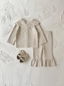 2件套幼儿女童蕾丝边彼得潘领卫衣和打底裤套装，春秋季 - 杏色 - 查看 10