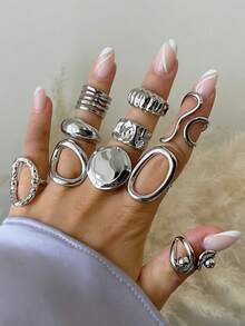 10pcs Set Minimalist Metal Geometric Wide Band Ring Set, Vintage Style Rings For Women, Suitable For Vacation, Beach, Date, Casual, Party And Other Occasions - 10 Rings - View 5