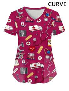 Plus Size Women V-Neck Short Sleeve Uniform T-Shirt Top With Pockets (Random Print) Spring - Hot Pink - View 1