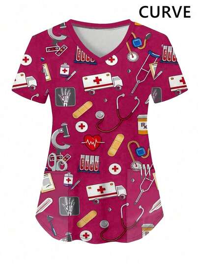 Plus Size Women's V-Neck Short Sleeve Uniform T-Shirt Top Scrub Top With Pocket (Random Print)