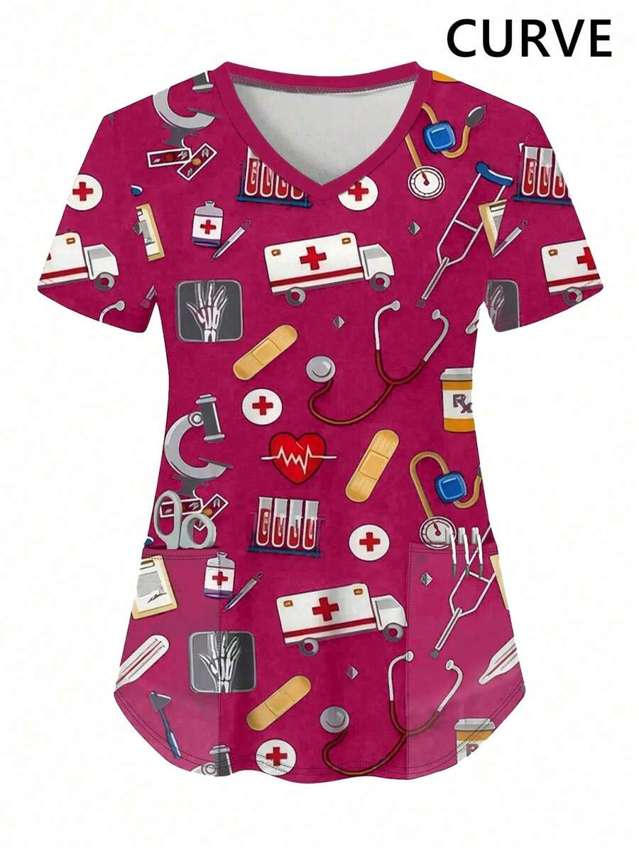 Plus Size Women V-Neck Short Sleeve Uniform T-Shirt Top With Pockets (Random Print) Spring - Hot Pink - View 1