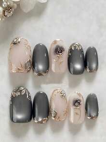 10pcs Handmade Short Press-On Nails, Y2K Style, Premium Red Cat Eye, Hand-Painted 3D Golden Flowers, Multi-Diamond Stacked, Chrome, Red, Navy Blue, Black Nails, 3 Color Options, Press-On Christmas Nails, Oval Pointed Nails, Suitable For Daily Wear For Girls, Also Great For Holiday Gifts Like Valentine's Day, New Year, Christmas, False Nails - Black - View 14