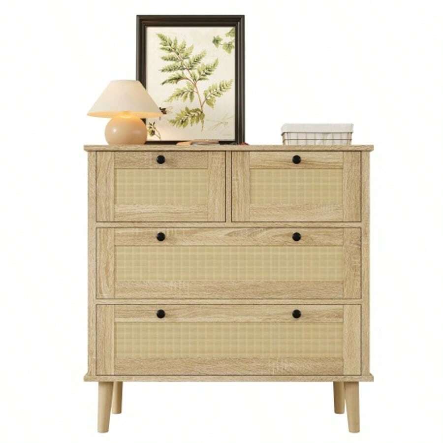 Chest Of Drawers With Four Drawers, Rattan Drawers, Storage Cabinet, Solid Wood Legs. - Natural Color - View 1