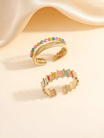 2 piezas Juego de anillos abiertos de acero inoxidable con estilo vintage en color dorado, decorados con puntos de colores, adecuados para uso diario de mujeres o como regalo