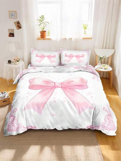 2/3pcs Pink Bow Bedding Set, Elegant Bow Design Duvet Cover Set Includes Duvet Cover And Pillowcase, Soft Microfiber Fabric, Machine Washable, Suitable For Girls/Children Pink Bedroom Decor (Twin/Full/Queen)