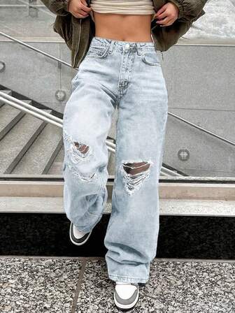 Jeans rectos y holgados con efecto desgastado para mujer