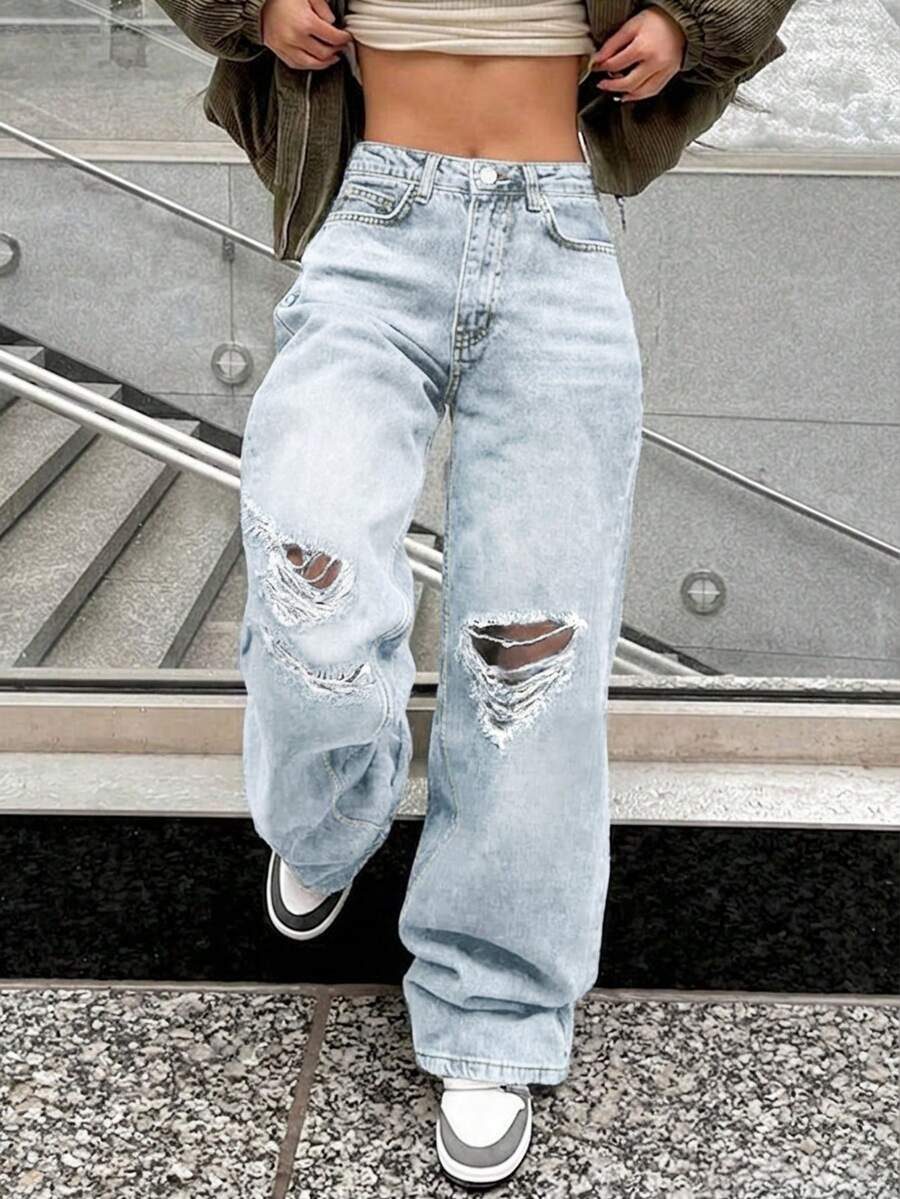 Women's Relaxed Distressed Loose Straight Leg Stacked Jeans Casual - Light Wash - View 1