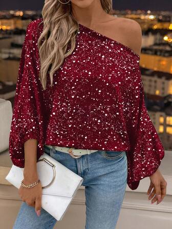 Camiseta holgada de mujer Keke Bloomly con diseño asimétrico de hombros y mangas acampanadas, top único hecho de pequeñas lentejuelas reflectantes, adecuado para salidas diarias, fiestas, vuelta al cole, reuniones, versátil top de moda para el Día de San Valentín