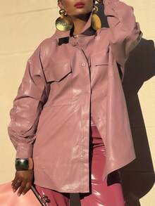 Women's Pink PU Leather Button-Front Oversized Long Sleeve Shirt Jacket - Versatile For Daily Outings, Commute & Travel - rosa - Visa 1
