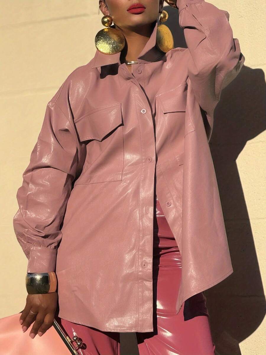 Women's Pink PU Leather Button-Front Oversized Long Sleeve Shirt Jacket - Versatile For Daily Outings, Commute & Travel - rosa - Visa 1